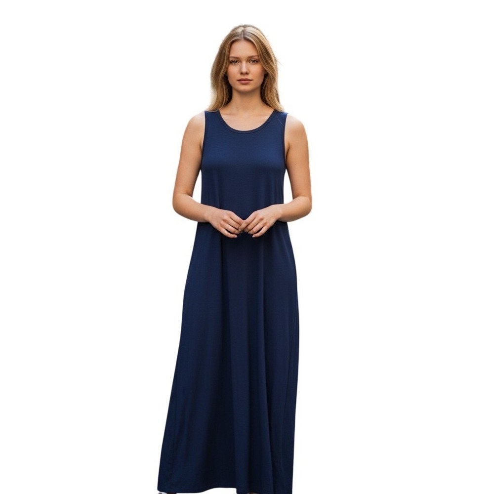 Vince Camuto Navy Blue Sleeveless Simple Style Midi Dress Side Slit 91322739 M